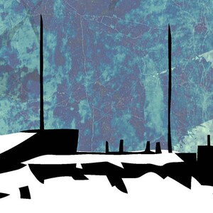May include: Abstract art print depicting a harbour scene in black silhouette, with tall masts and boats set against a textured blue and teal backdrop. The artwork has a minimalist style with sharp lines and a contrasting colour palette.