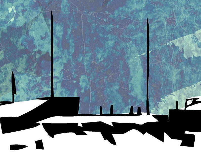 May include: Abstract art print depicting a harbour scene in black silhouette, with tall masts and boats set against a textured blue and teal backdrop. The artwork has a minimalist style with sharp lines and a contrasting colour palette.