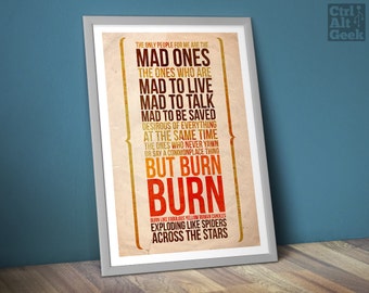 Jack Kerouac Poster/Print [DL] - Sur la route Poster/Print - Citation de Kerouac, Mad Ones, Burn Burn Burn !, CtrlAltGeek A2 & 18x24", Télécharger une copie