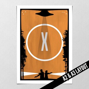 May include: A minimalist poster with a black silhouette of two figures standing in front of a large orange circle with a white "X" inside. The circle is surrounded by trees and a black silhouette of a flying saucer above. The poster has a white background.