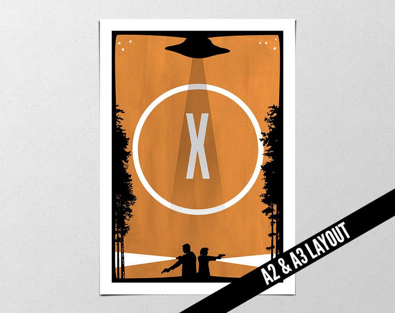 May include: A minimalist poster with a black silhouette of two figures standing in front of a large orange circle with a white "X" inside. The circle is surrounded by trees and a black silhouette of a flying saucer above. The poster has a white background.