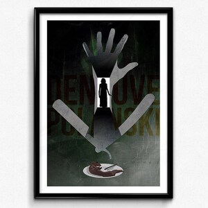 May include: A minimalist poster with a green and black color scheme. The poster features a silhouette of a woman standing in a doorway with two hands reaching out from the sides. The text "DENI LOVE PULASKI" is printed in red and white letters.
