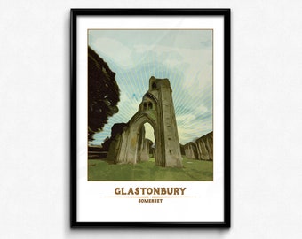 Glastonbury // Glasto-tryck, Glastonbury Abbey, Somerset, Somerset-affisch, West Country, Storbritannien, reseaffisch A2, A3, 30x40 cm, 43x60 cm utan ram