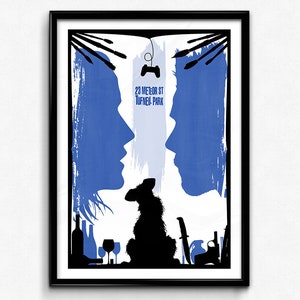 May include: A minimalist blue and white poster with a silhouette of a couple, a dog, and a game controller. The text on the poster reads "23 Meteor St. Tuffnel Park."