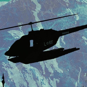 May include: A black silhouette of a helicopter against a blue and white textured background. The helicopter has a long tail and a single rotor. The text "LCKK" is visible on the side of the helicopter.