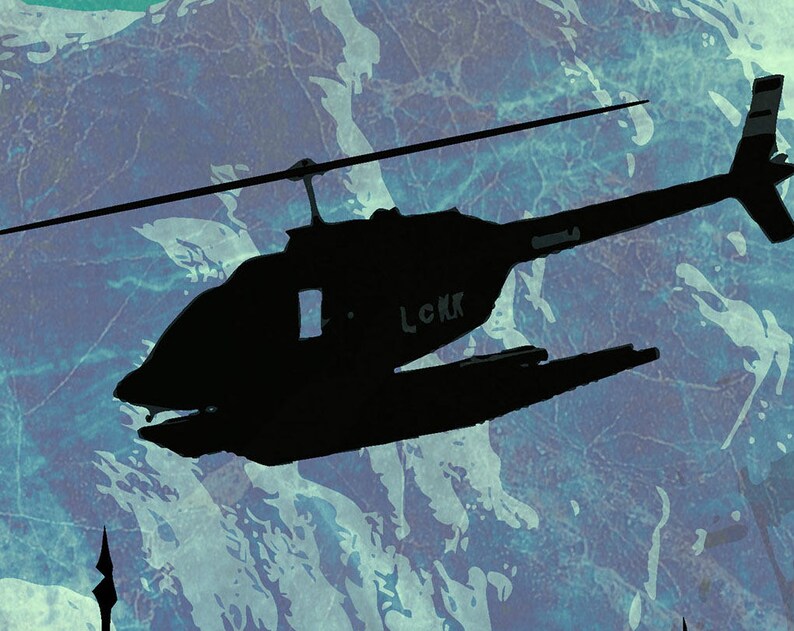 May include: A black silhouette of a helicopter against a blue and white textured background. The helicopter has a long tail and a single rotor. The text "LCKK" is visible on the side of the helicopter.