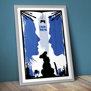 May include: A minimalist poster with a blue and white color scheme. The poster features two silhouettes of people facing each other, with a dog silhouette in the middle. The text on the poster reads "29 MERBOR ST. TURNWELL PARK."