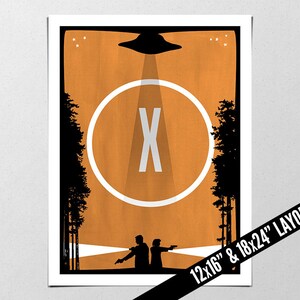 May include: A poster with a minimalist design featuring a stylized 'X' in a white circle on an orange background. The 'X' is surrounded by silhouettes of trees and a flying saucer. The poster is available in 12x16 inch and 18x24 inch sizes.