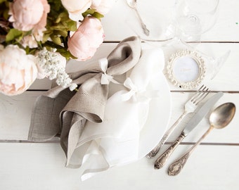 Set of 6 Grey White Linen Napkins, Wedding Hemstitch Cloth Napkins