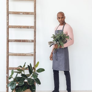 Slate grey linen gardening apron with pockets and long adjustable straps