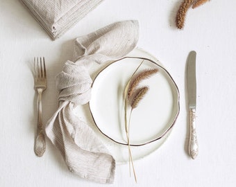 Linen Cloth Napkins Set of 6, Striped Beige & White, Softened