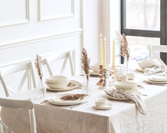 Beige Striped Tablecloth Handmade of Natural Pure Linen, Organic Table Cover with Stripes, Rustic Table Linen for Easter, Thanksgiving, etc.