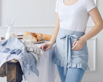 Waist Apron, Natural Linen Apron, Ruffled Apron,  Apron with Pockets, Elegant Apron, Short Apron in Many Colors