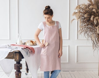 Pinafore linen apron, Linen apron, Pinafore soft linen apron, Natural linen cross back apron with pockets, Unisex cross back apron