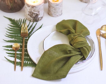 Moss Green Napkins Set of 6, Linen Napkins for Wedding or Other Occasion, Cloth Napkins Bulk, Organic Reusable Dinner Table Napkins