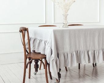 Ruffled Tablecloth, Custom Size and Color 100% Linen Tablecloth, Rustic Farmhouse Dining Table Cloth, Shabby Chic Decor, Table Linen