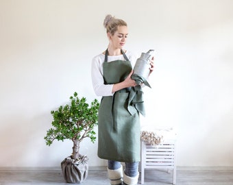 Woodland geen apron with pockets, Unisex apron, Full linen apron