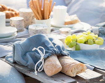 Linen Bread Bag in Blue, White, Black or Other Color, Custom Made Reusable Eco-Friendly Bread Bag, Natural Organic Linen Drawstring Tote Bag