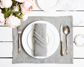 Linen placemats Set of 6, Ticking placemats, Striped table decor, Softened linen placemats, perfect farmhouse decor
