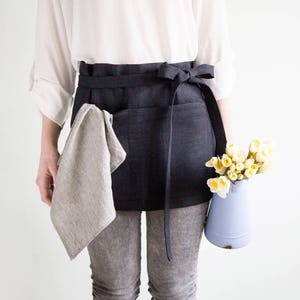 Organic Linen Half Apron for Women, Custom Waist Apron with Pockets and Long Straps in Your Preferred Color, Short Linen Apron for Kitchen