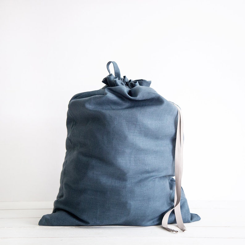 Two Large linen laundry bags Large blue and gray clothes bags Natural linen drawstring Bags