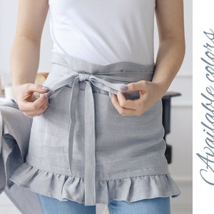 Natural linen waist apron with ruffles and two pockets, Elegant half apron
