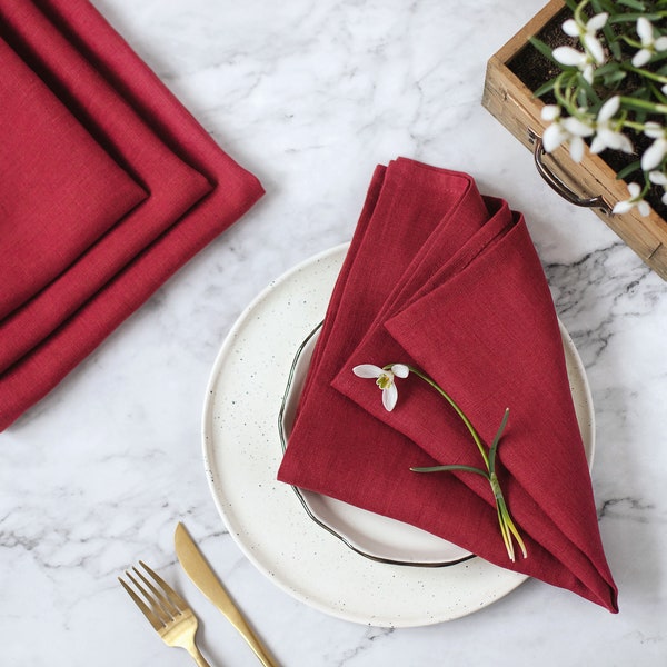 Linen cloth napkins, Wine red linen wedding napkins, Reusable bulk napkins for a wedding table decor