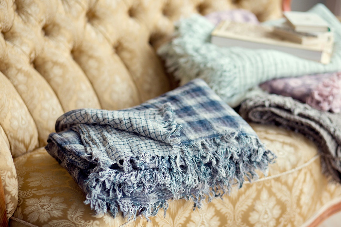 Linen Throw Blanket in Grey and Blue Tartan Etsy