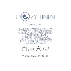 May include: A white informational graphic for COZY LINEN featuring a blue bird logo and care instructions: wash up to 60&deg;C, wash with similar colors, use soft cycle, iron to 200&deg;C max, iron while damp, or skip ironing for a rustic look. Includes icons and URL.