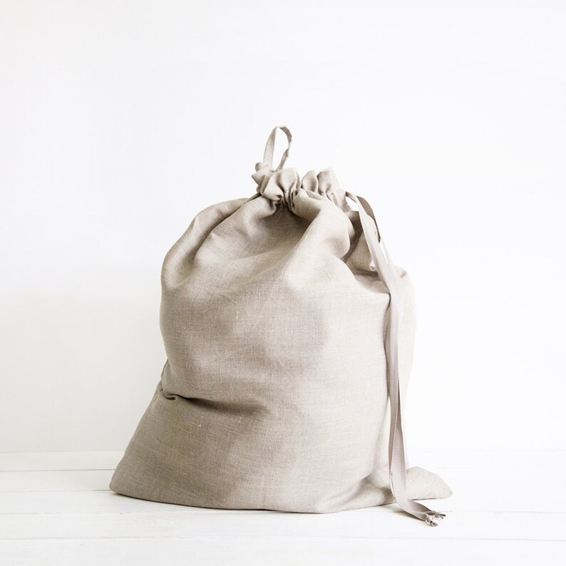 Two Large linen laundry bags Large blue and gray clothes bags Natural linen drawstring Bags