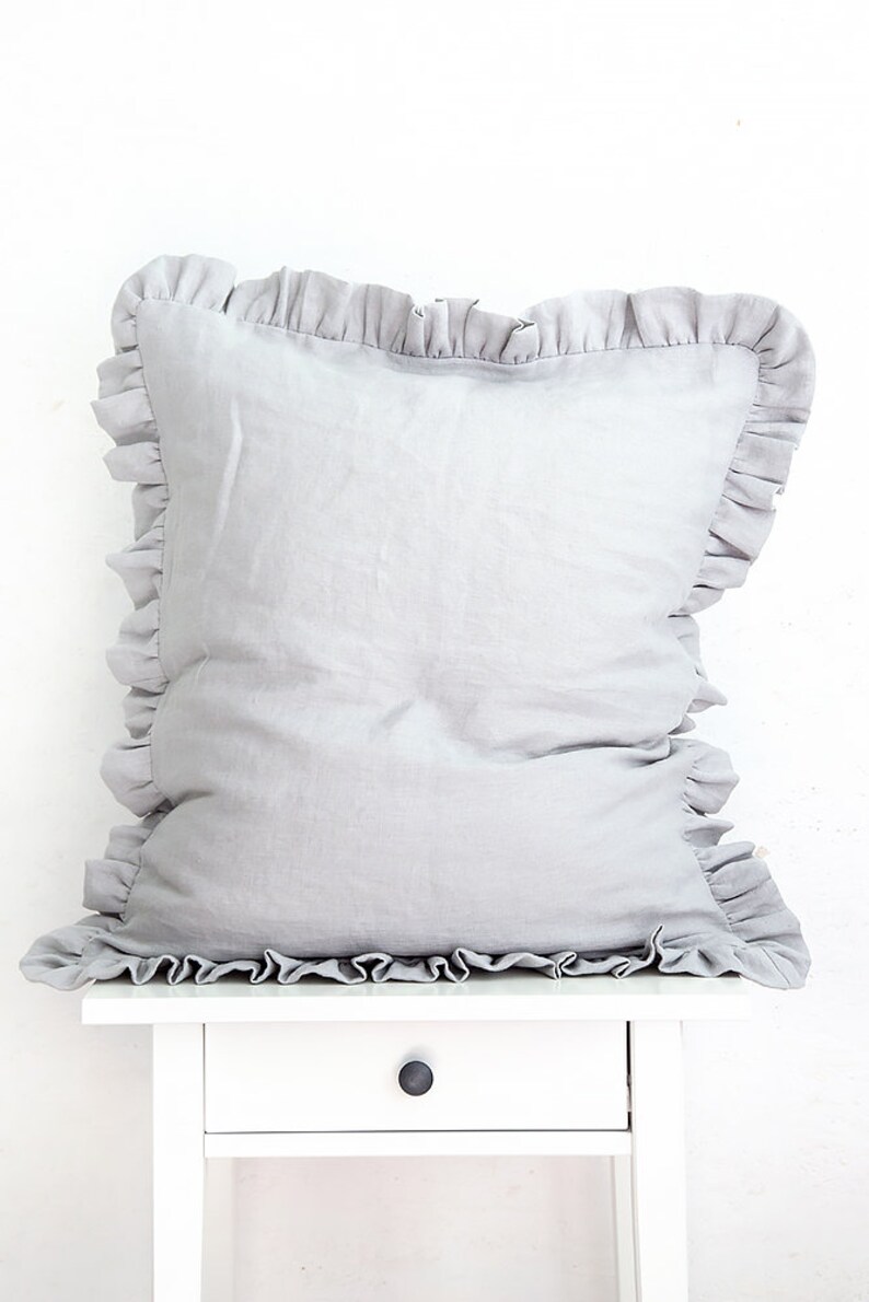 Silver grey linen pillow cases Set of 2 with ruffles stonewashed.