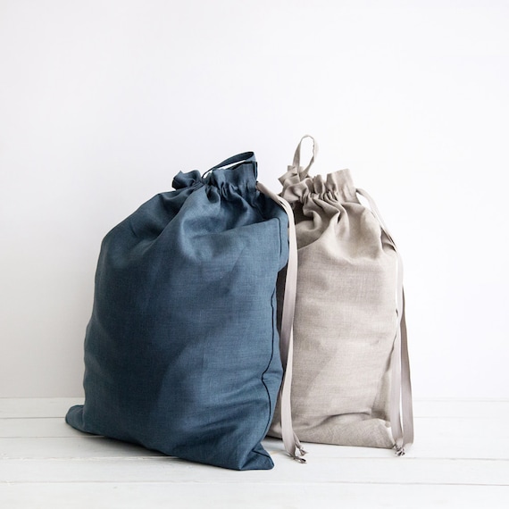 Two Large linen laundry bags Large blue and gray clothes bags Natural linen drawstring Bags