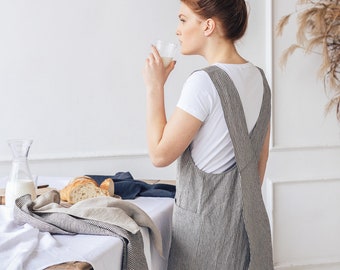 Linen pinafore apron, Ticking apron, Cross back apron, No ties apron, Long apron with pockets