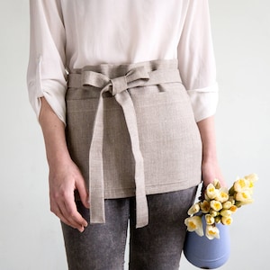 Linen half apron, Utility apron, Short waist apron, Natural linen apron