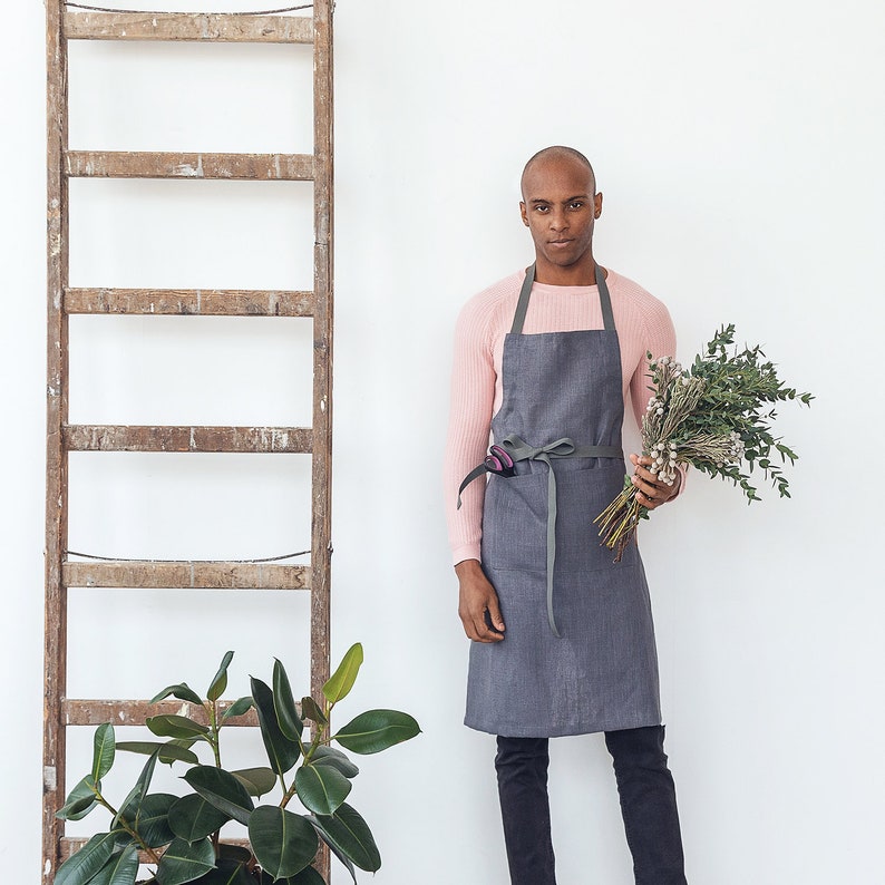 Slate grey linen gardening apron with pockets and long adjustable straps