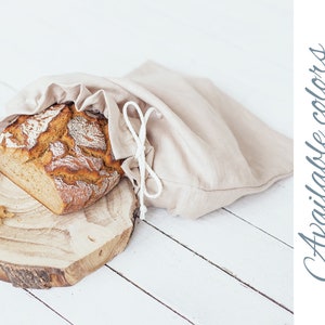 Sac à pain en lin, sac en lin naturel, sac de rangement réutilisable, sac à pain à cordon de serrage dans de nombreuses couleurs, rangement des aliments, linge de cuisine image 1