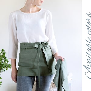 Short Waist Apron with Pockets, Restaurant Apron, Waitress Apron, Natural Linen Apron in many colors