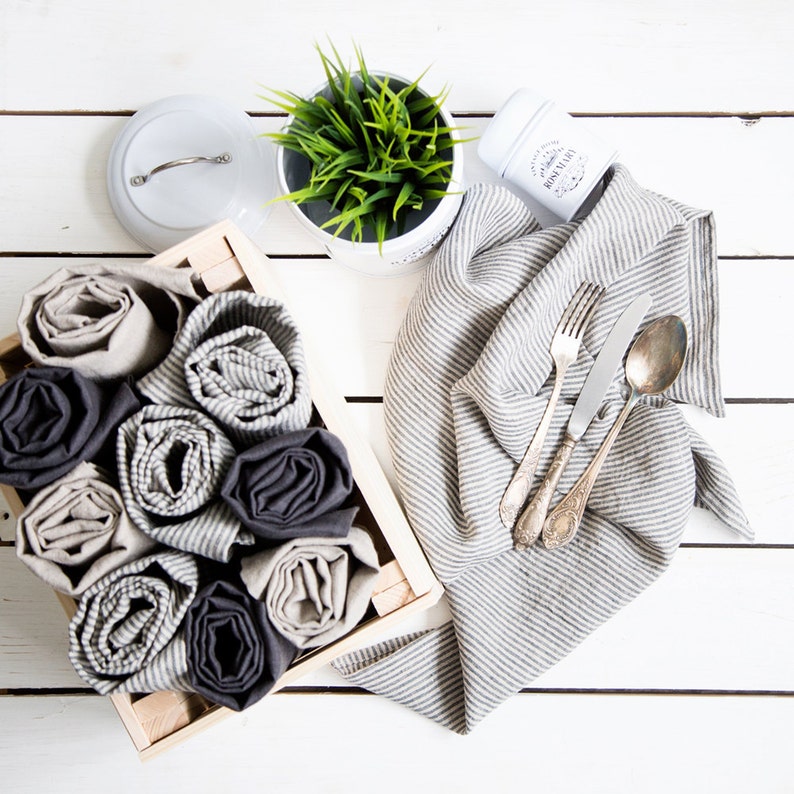 Serviettes de cuisine en linge de 3, torchons en linge, serviette de bandes de tic-tac, serviettes à vaisselle en linge lavées à la pierre, serviette de linge Eco image 2