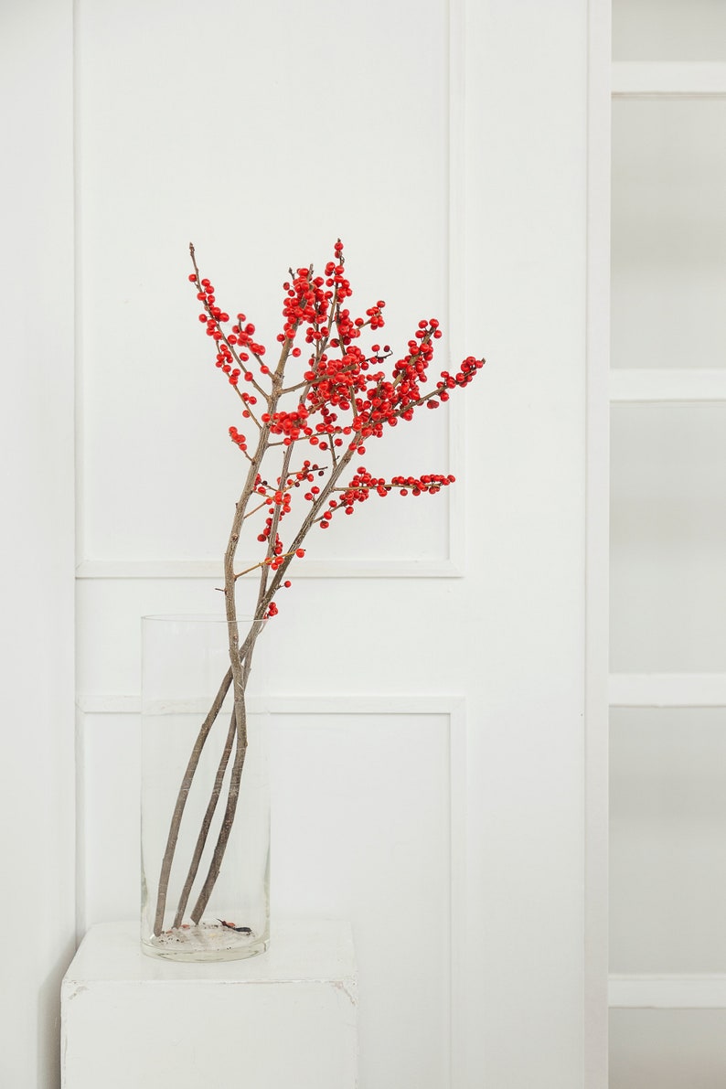 May include: A clear glass vase with red berries and thin branches on a white pedestal.