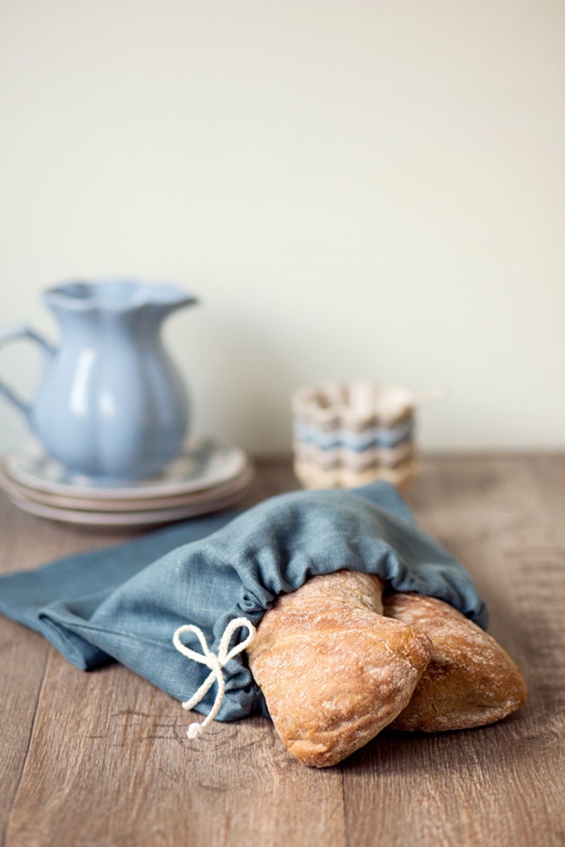 Blue Linen Bread Bag Natural bread keeper Drawstring bag Etsy