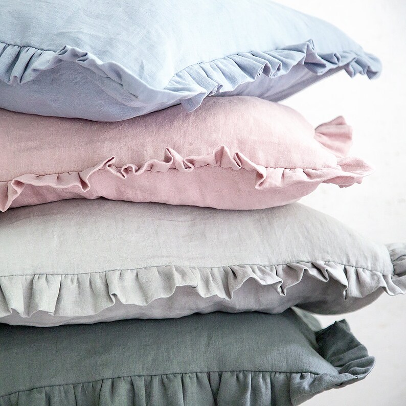 Silver grey linen pillow cases Set of 2 with ruffles stonewashed.