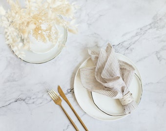 Linen cloth napkins, Ticking stripe cloth, Natural linen napkins, Napkins set of 6, Beige cloth napkins