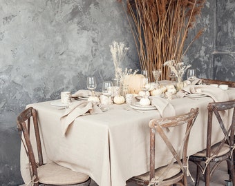 Natural Linen Tablecloth, Soft Washed Grey Dining Table Cover, Rustic Farmhouse Table Linens for Thanksgiving, Holiday & Everyday