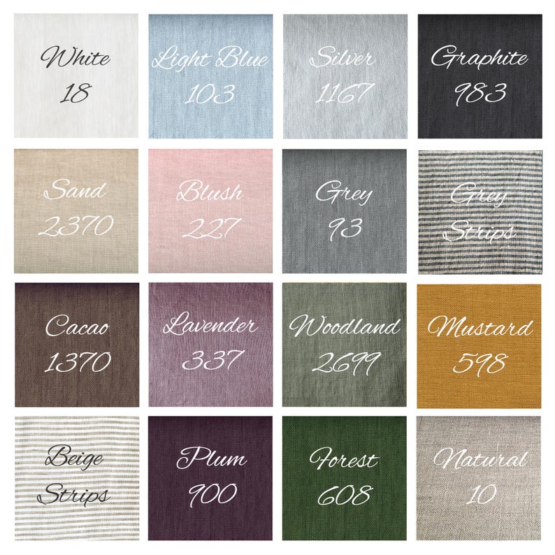 May include: A grid of sixteen fabric swatches in various colors and patterns, each labeled with a name and number. Colors include white, light blue, silver, graphite, sand, blush, grey, grey strips, cacao, lavender, woodland, mustard, beige strips, plum, forest, and natural.