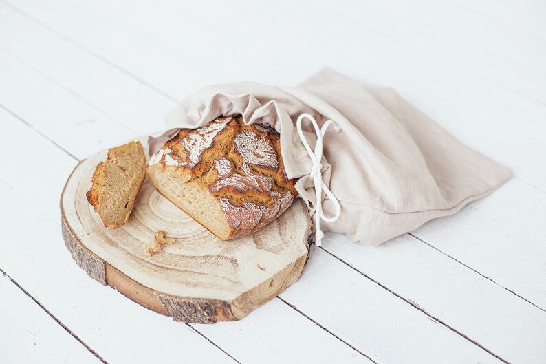 Sac à pain en lin, sac en lin naturel, sac de rangement réutilisable, sac à pain à cordon de serrage dans de nombreuses couleurs, rangement des aliments, linge de cuisine image 4