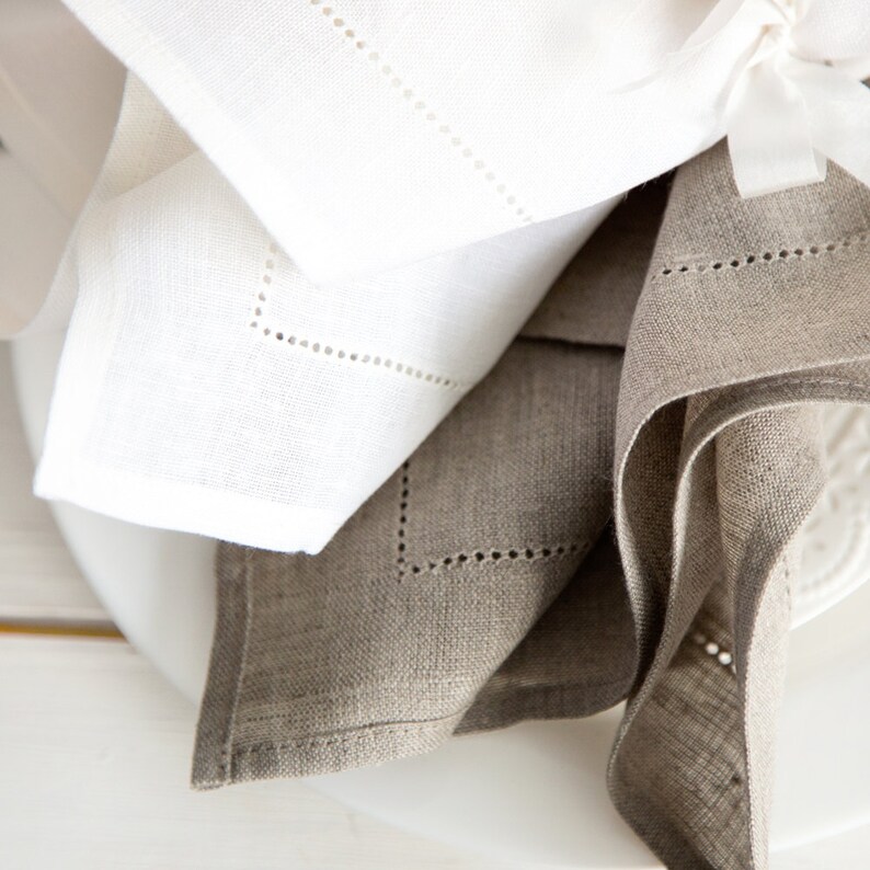White hemstitched linen napkins set of 6, Christmas table top napkins image 5