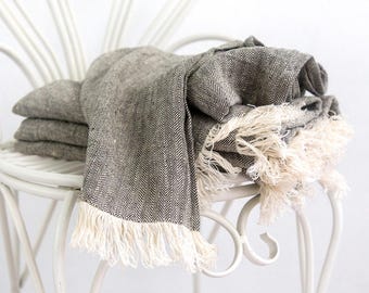 Linen comforter - Fringe Bed Throw - Pure Linen Blanket - Beach Blanket