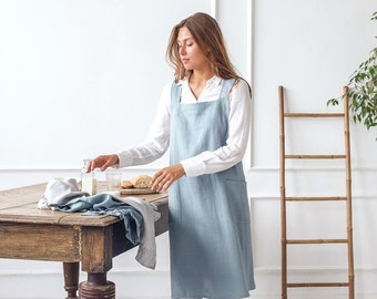 Japanese style cross back linen apron, 100% natural linen, no ties linen aprons