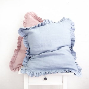 Ruffled linen pillow cases made of softened linen in light blue color