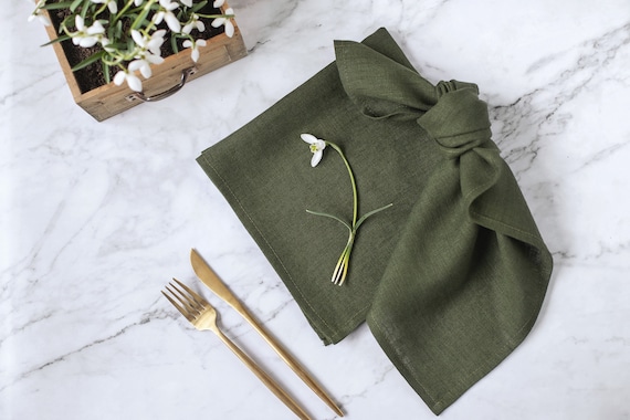 Forest Green Natural Linen Napkins, Softened Cloth Set of 6, Wedding Table Linen